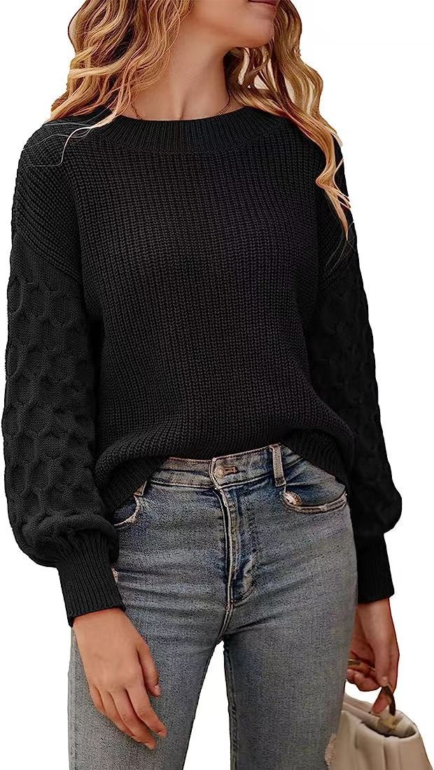 Lilie Chunky Knit Sweater with Crew Neck and Ribbed Trim - Black