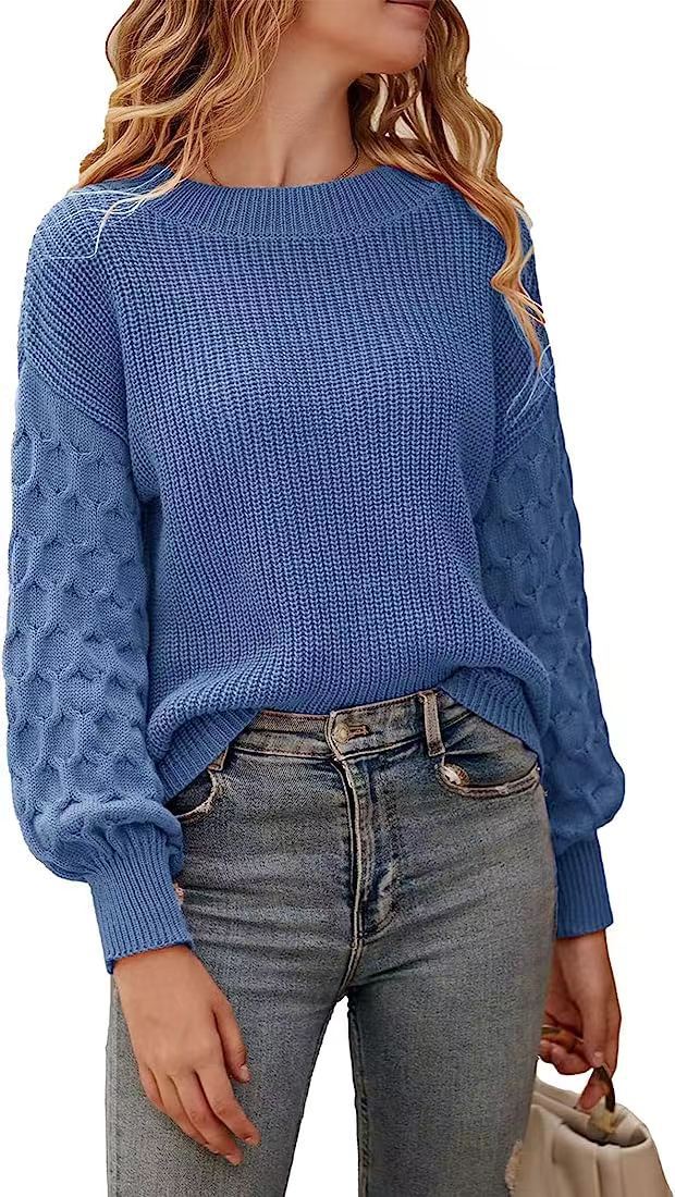 Lilie Chunky Knit Sweater with Crew Neck and Ribbed Trim - Blue
