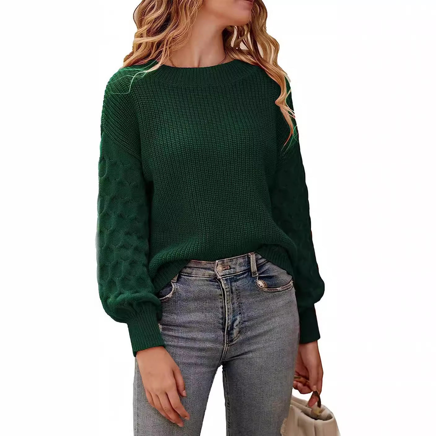 Lilie Chunky Knit Sweater with Crew Neck and Ribbed Trim - Dark Green