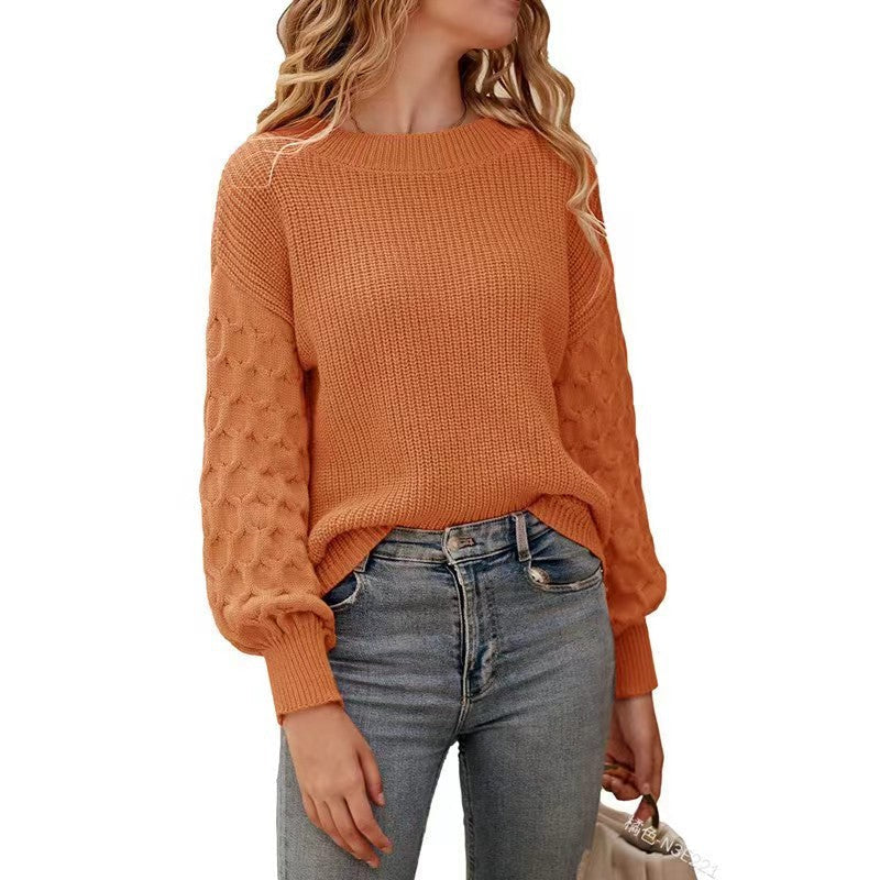 Lilie Chunky Knit Sweater with Crew Neck and Ribbed Trim - Orange