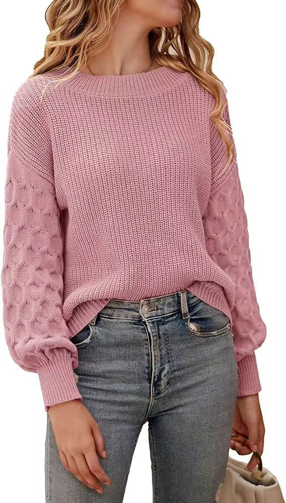 Lilie Chunky Knit Sweater with Crew Neck and Ribbed Trim - Pink