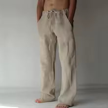 Logan Men's Drawstring Trousers with Straight Leg and Side Pockets - Beige