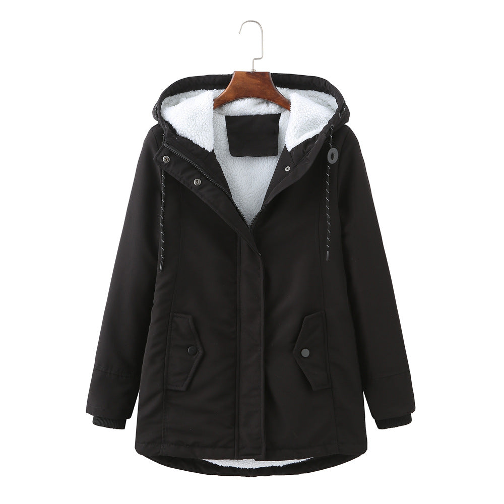 Loisa Hooded Winter Jacket with Zip Pockets and Wind Placket - Black
