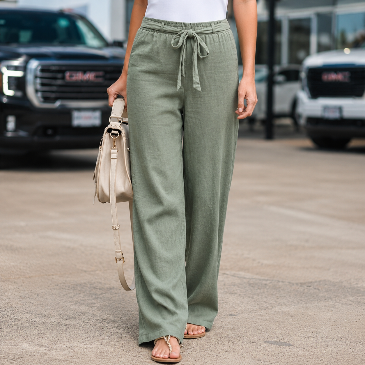 Loraine Wide Leg Trousers with Straight Fall and Pressed Crease - Green