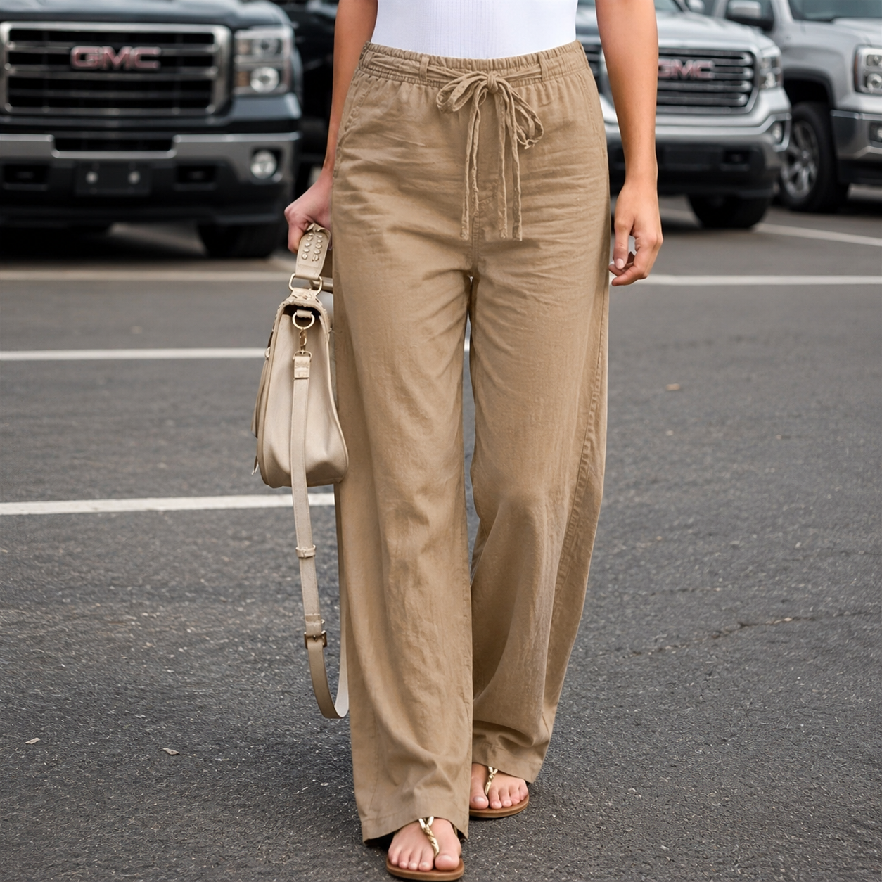 Loraine Wide Leg Trousers with Straight Fall and Pressed Crease - Light Brown