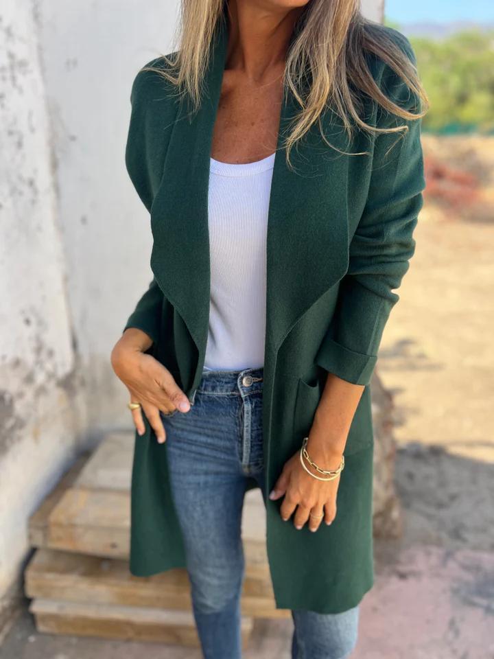 Lorelei Longline Cardigan Sweater with Open Front - Dark Green