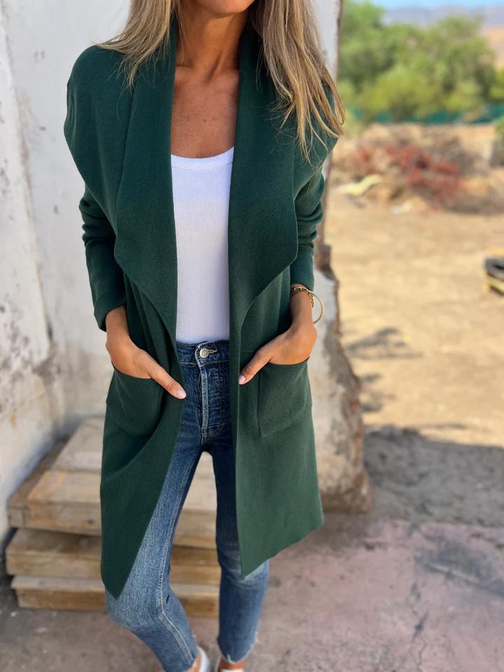 Lorelei Longline Cardigan Sweater with Open Front - Dark Green