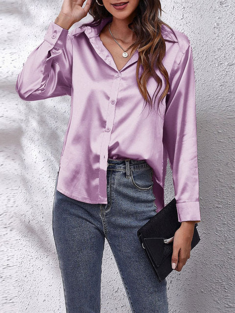 Lorraine Satin-Finish Blouse with Button Front - Purple