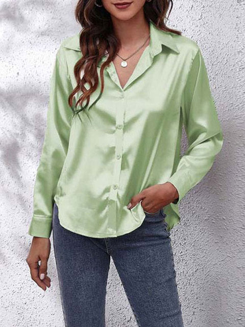 Lorraine Satin-Finish Blouse with Button Front - Light Green