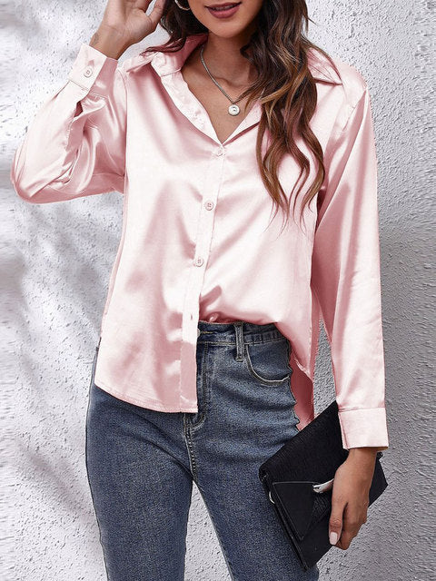 Lorraine Satin-Finish Blouse with Button Front - Pink