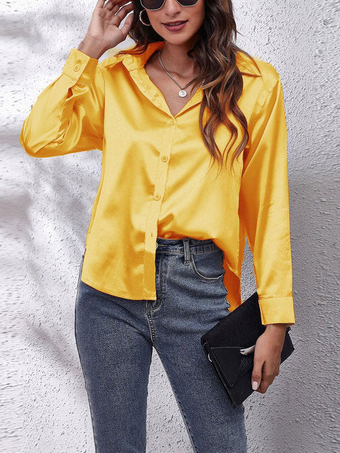 Lorraine Satin-Finish Blouse with Button Front - Yellow