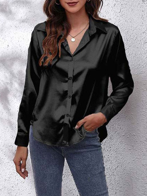 Lorraine Satin-Finish Blouse with Button Front - Black