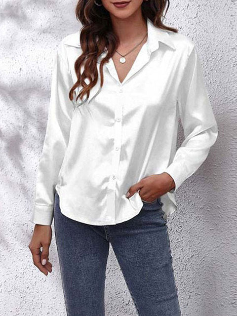 Lorraine Satin-Finish Blouse with Button Front - White