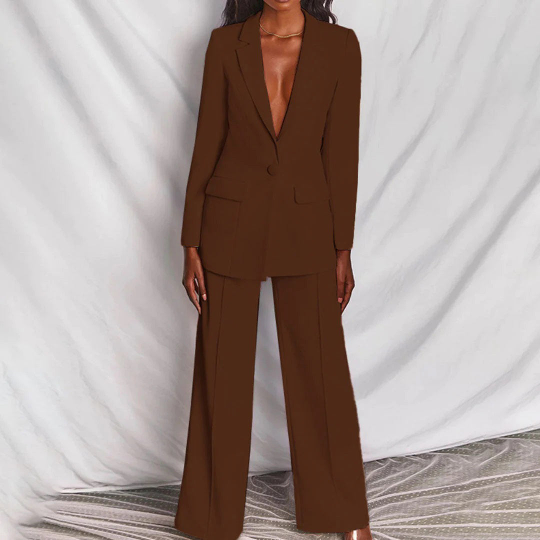 Lucia Two Piece Blazer and Trouser Set in Matching Tones - Coffee