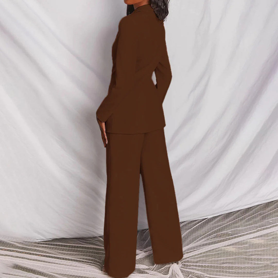 Lucia Two Piece Blazer and Trouser Set in Matching Tones - Coffee