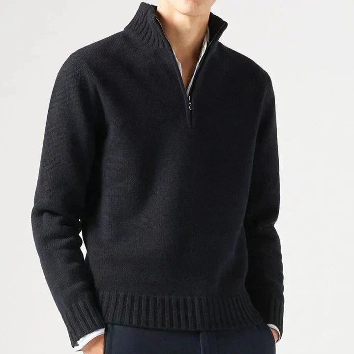 Lucio Men's Half Zip Sweater with Ribbed Collar - Black