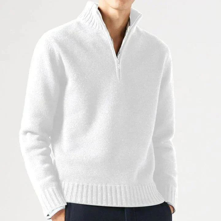 Lucio Men's Half Zip Sweater with Ribbed Collar - White