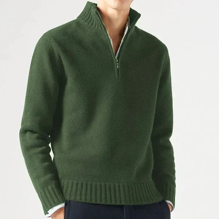 Lucio Men's Half Zip Sweater with Ribbed Collar - Dark Green