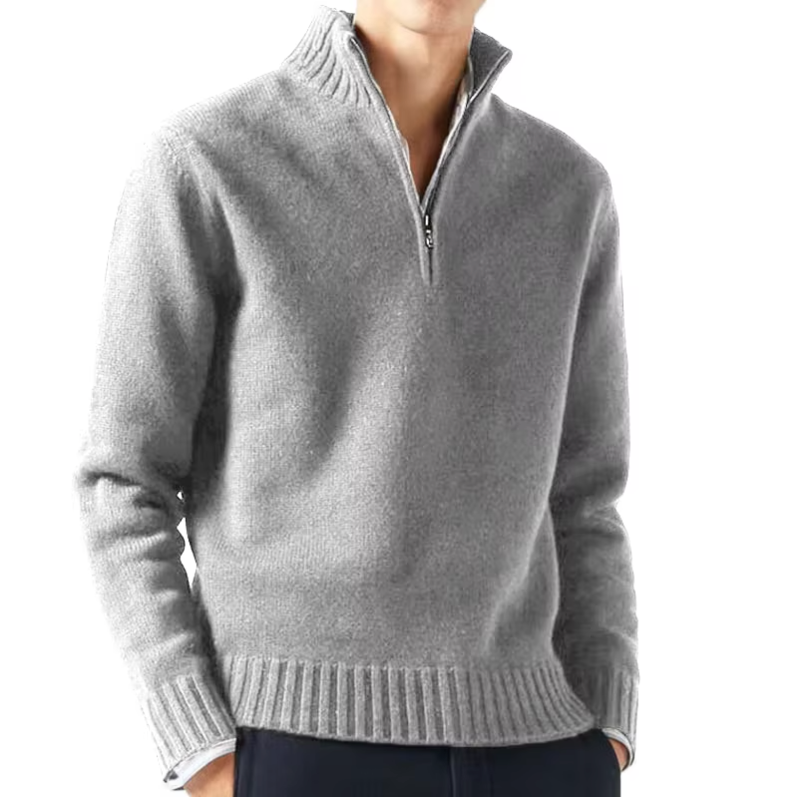 Lucio Men's Half Zip Sweater with Ribbed Collar - Light Gray