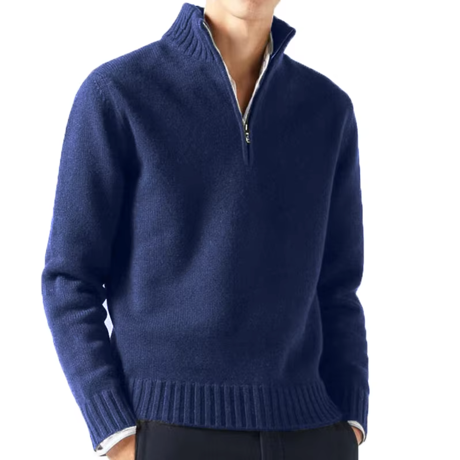 Lucio Men's Half Zip Sweater with Ribbed Collar - Navy