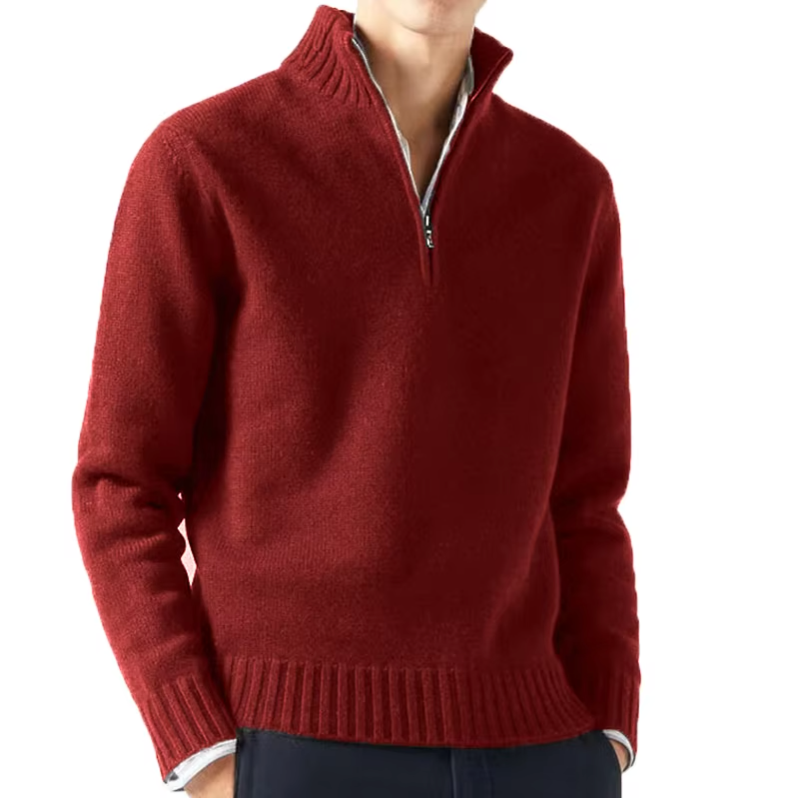 Lucio Men's Half Zip Sweater with Ribbed Collar - Dark Red