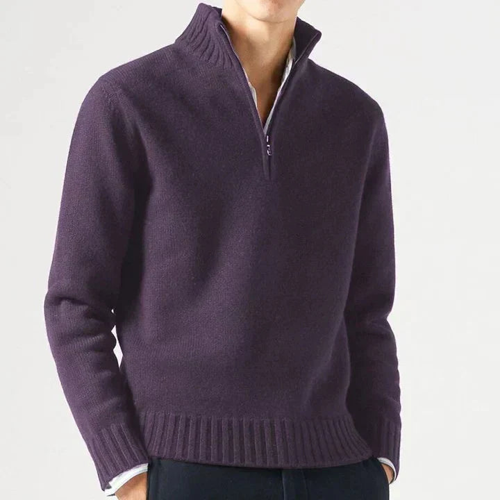 Lucio Men's Half Zip Sweater with Ribbed Collar - Violet