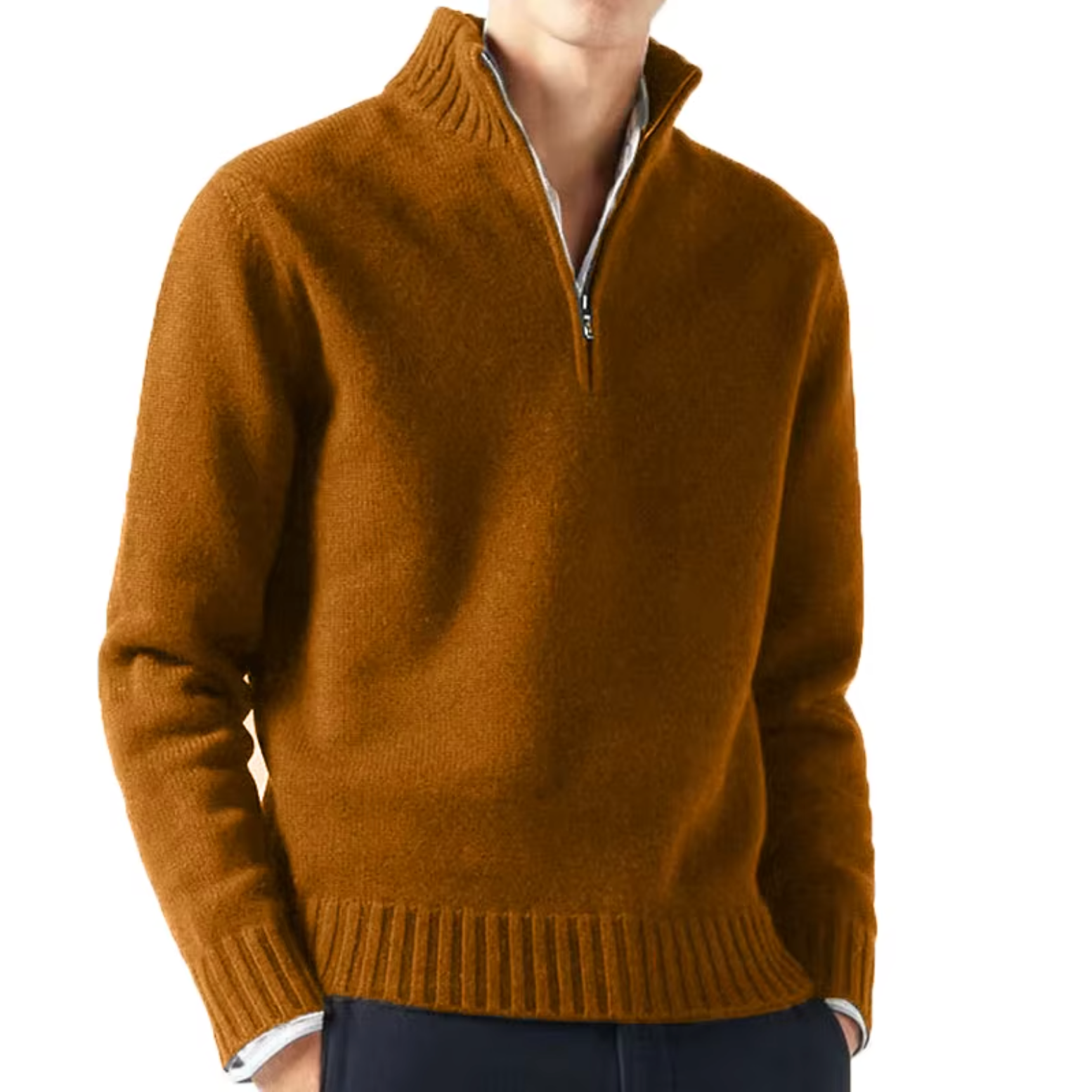 Lucio Men's Half Zip Sweater with Ribbed Collar - Brown