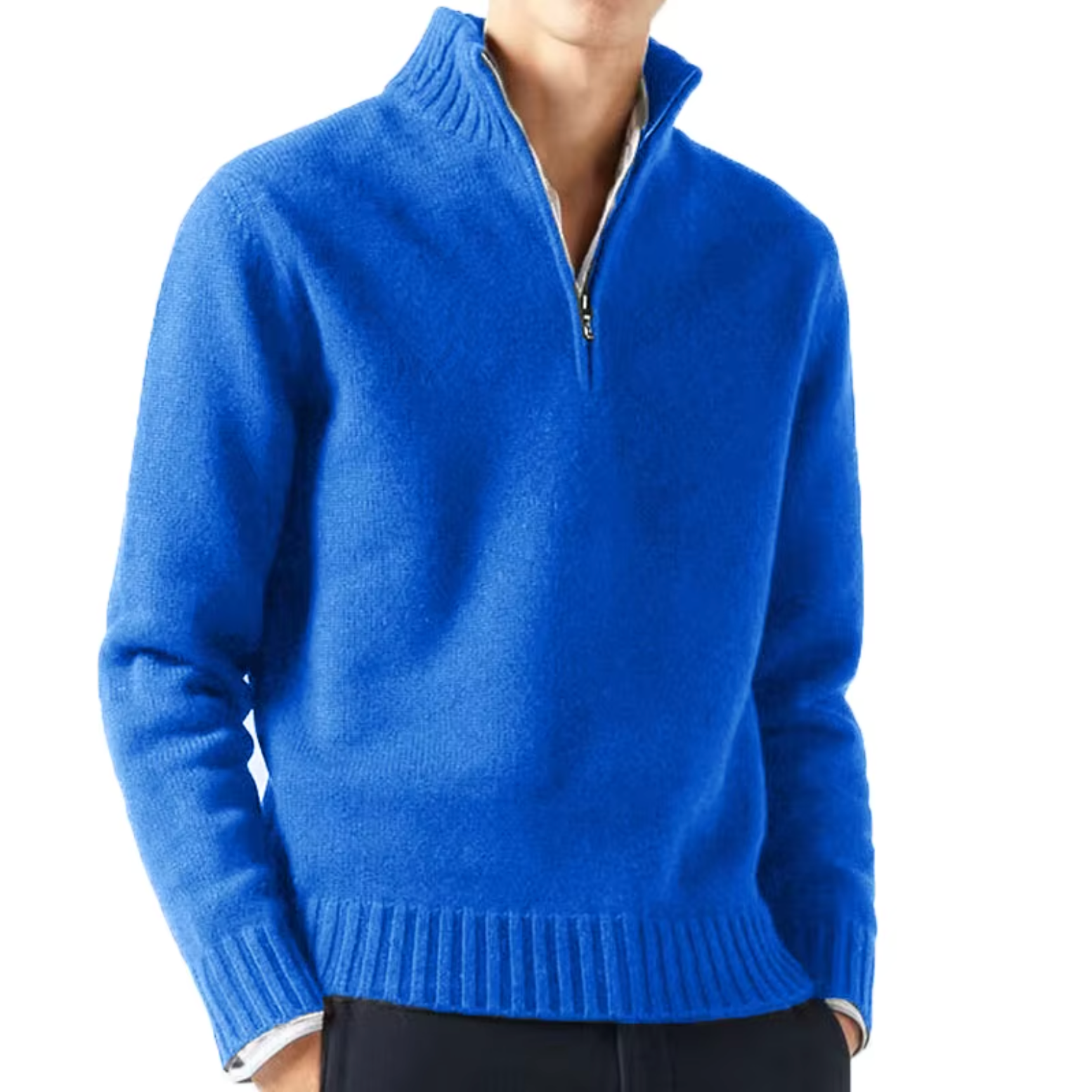 Lucio Men's Half Zip Sweater with Ribbed Collar - Blue