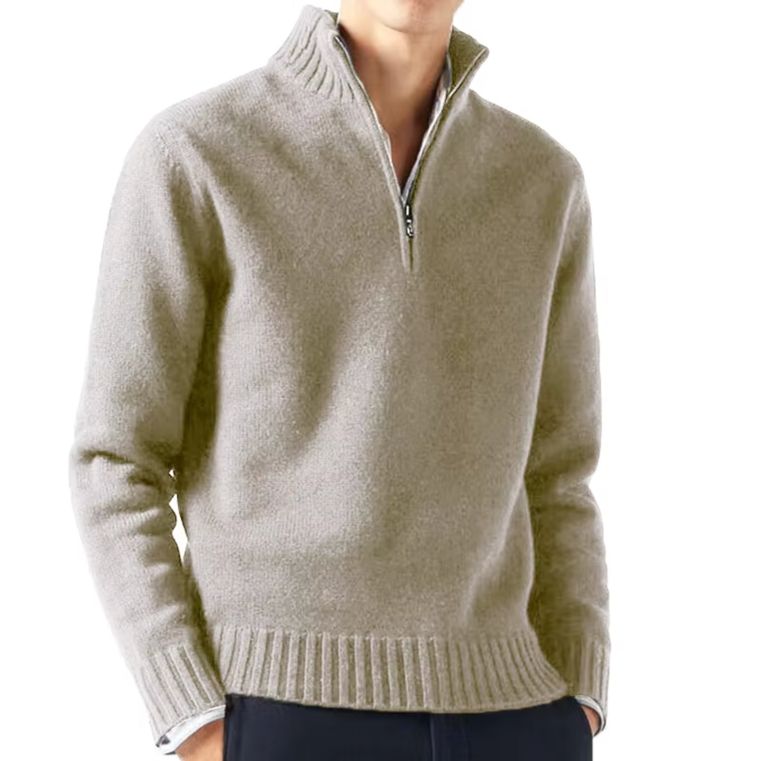 Lucio Men's Half Zip Sweater with Ribbed Collar - Beige