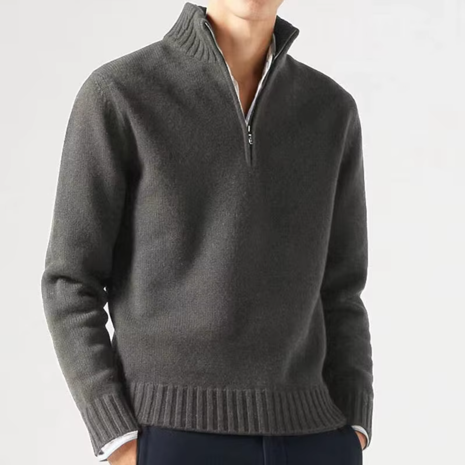 Lucio Men's Half Zip Sweater with Ribbed Collar - Dark Gray