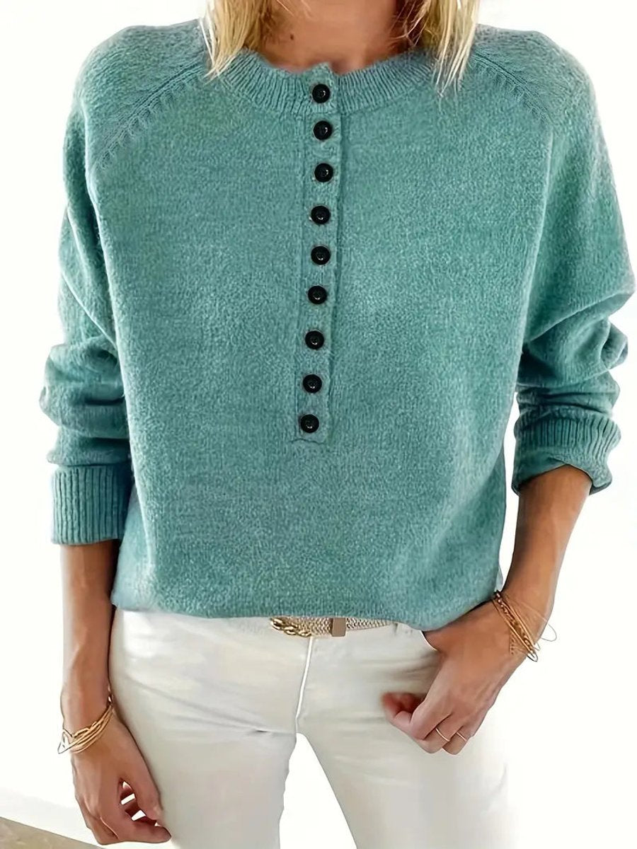 Luisa Button-Front Knit Sweater with V-Neck and Close Cuffs - Emerald Green