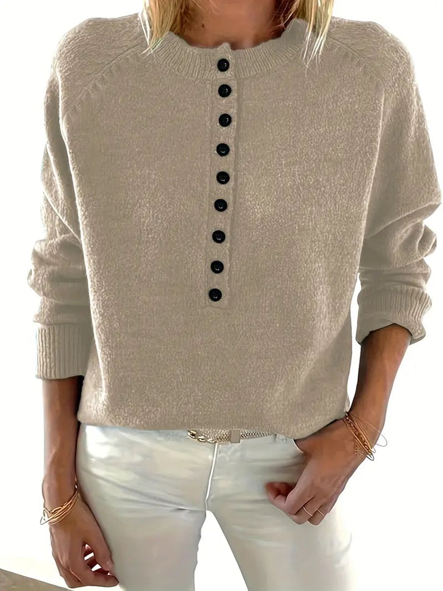 Luisa Button-Front Knit Sweater with V-Neck and Close Cuffs - Khaki