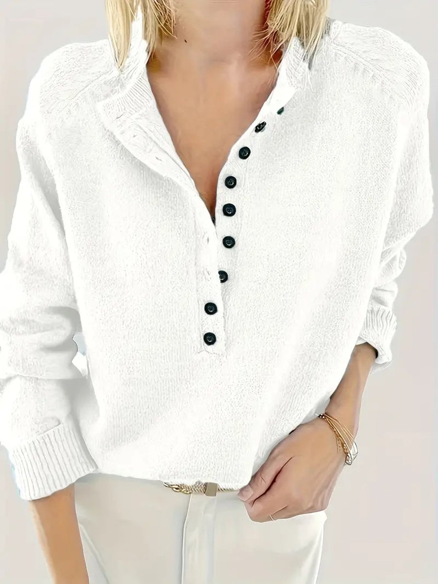 Luisa Button-Front Knit Sweater with V-Neck and Close Cuffs - White