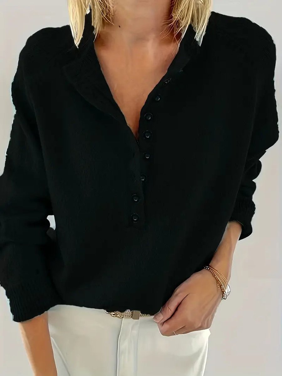 Luisa Button-Front Knit Sweater with V-Neck and Close Cuffs - Black
