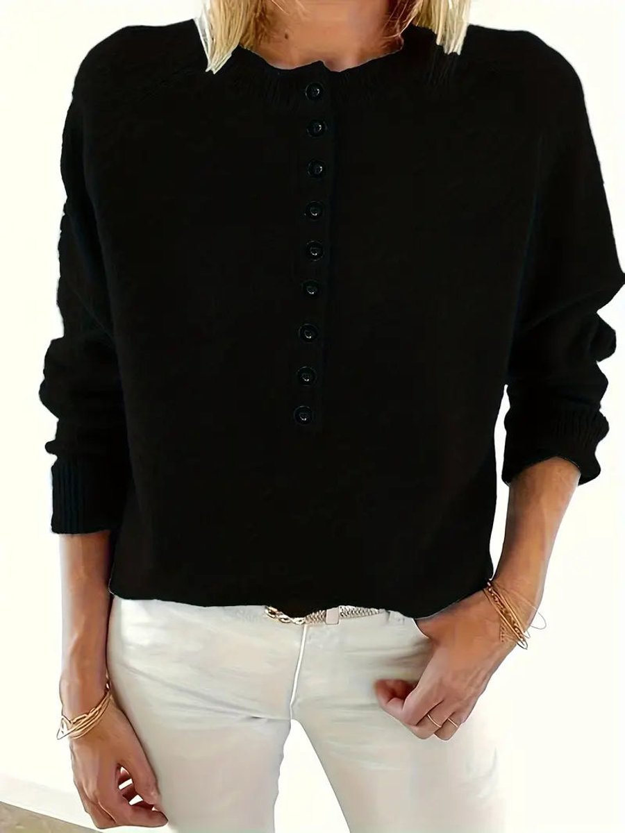 Luisa Button-Front Knit Sweater with V-Neck and Close Cuffs - Black