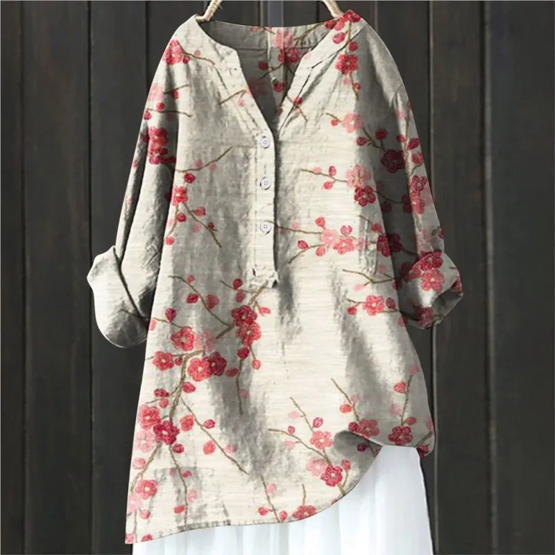 Mabel Floral Vintage Blouse with Button Front - Gray