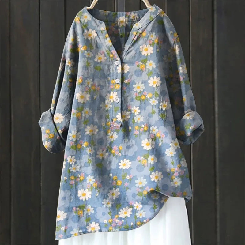 Mabel Floral Vintage Blouse with Button Front - Light Blue