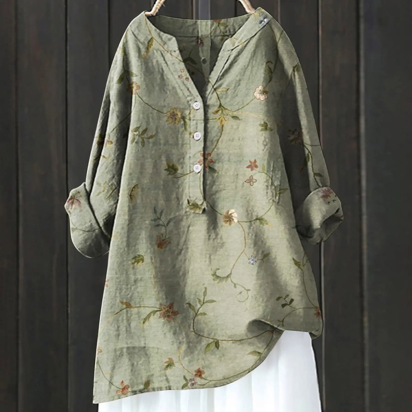 Mabel Floral Vintage Blouse with Button Front - Army Green