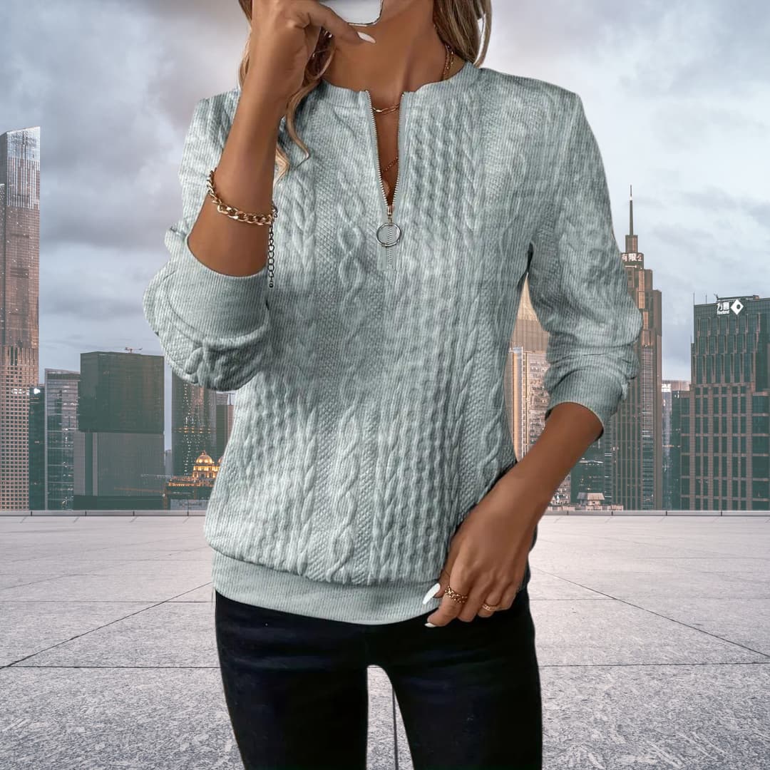 Maisie Structured Knit Sweater with Quarter Zip - Gray