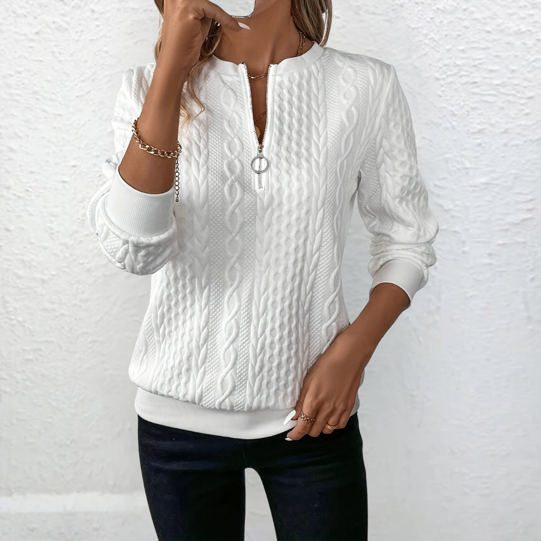 Maisie Structured Knit Sweater with Quarter Zip - White
