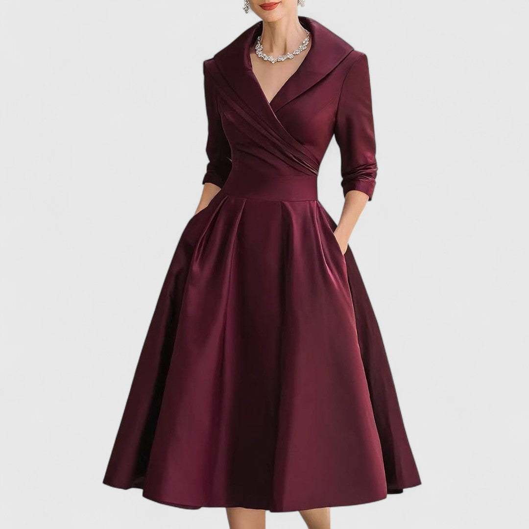 Mandie Cocktail Midi Dress with Long Sleeves and Waist Seam - Dark Red