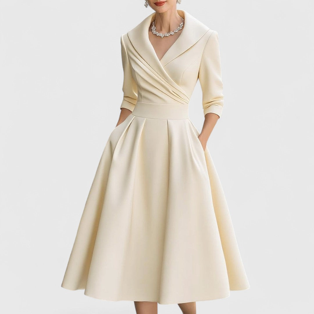 Mandie Cocktail Midi Dress with Long Sleeves and Waist Seam