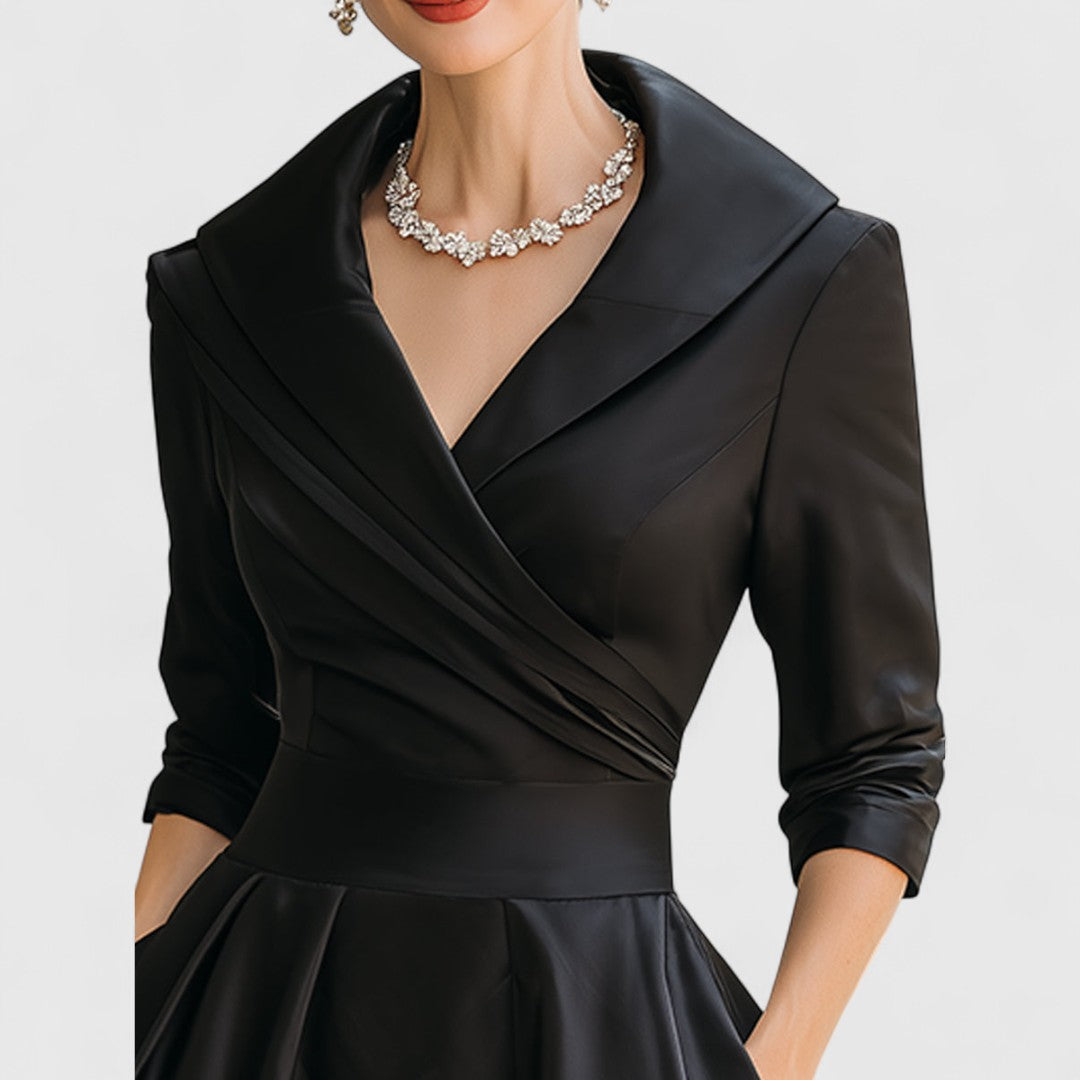 Mandie Cocktail Midi Dress with Long Sleeves and Waist Seam - Black