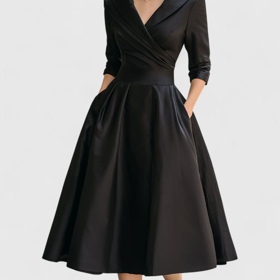 Mandie Cocktail Midi Dress with Long Sleeves and Waist Seam - Black