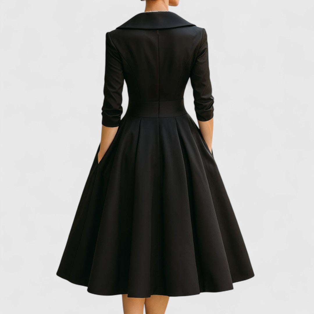 Mandie Cocktail Midi Dress with Long Sleeves and Waist Seam - Black
