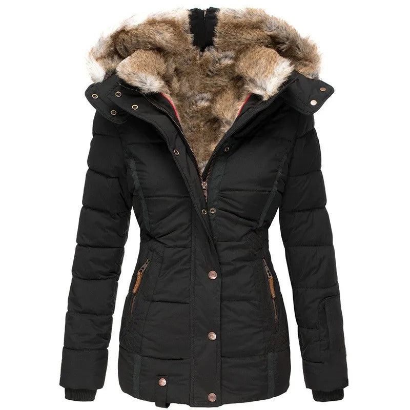 Manilyn Long Puffer Coat with Hood and Zip Pockets - Black