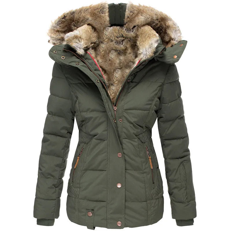 Manilyn Long Puffer Coat with Hood and Zip Pockets - Green