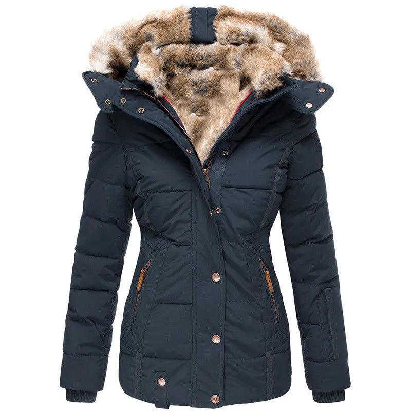 Manilyn Long Puffer Coat with Hood and Zip Pockets - Blue