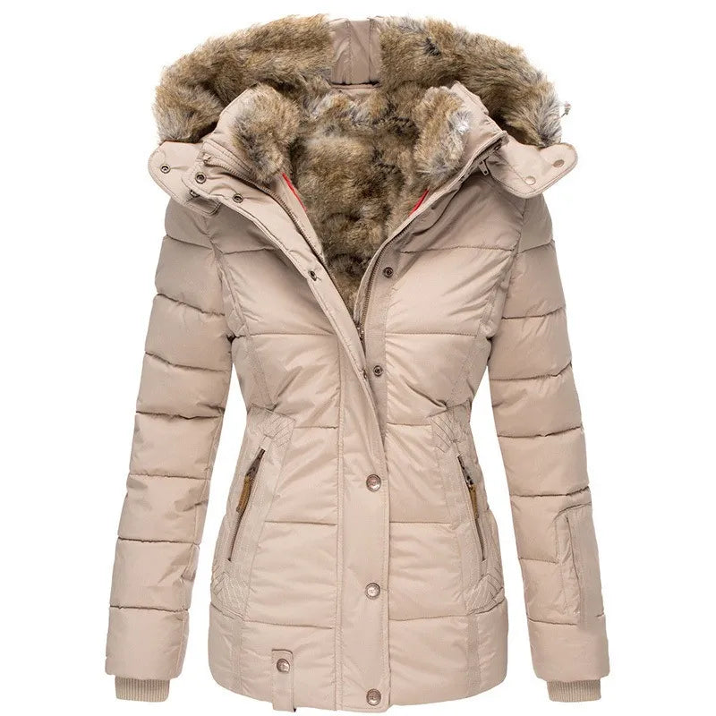 Manilyn Long Puffer Coat with Hood and Zip Pockets - Beige