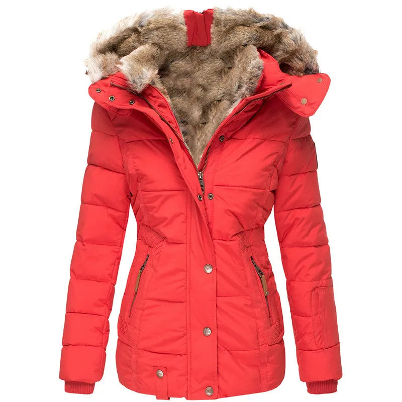 Manilyn Long Puffer Coat with Hood and Zip Pockets - Red